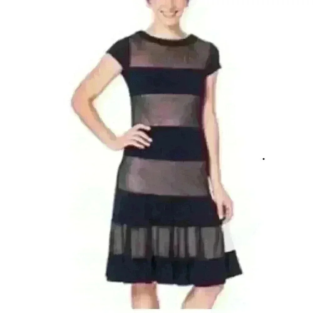 R&M Richards Illusion Dress Dk Navy Sheer Lined CapSleeve Cocktail MIDI Sz 14